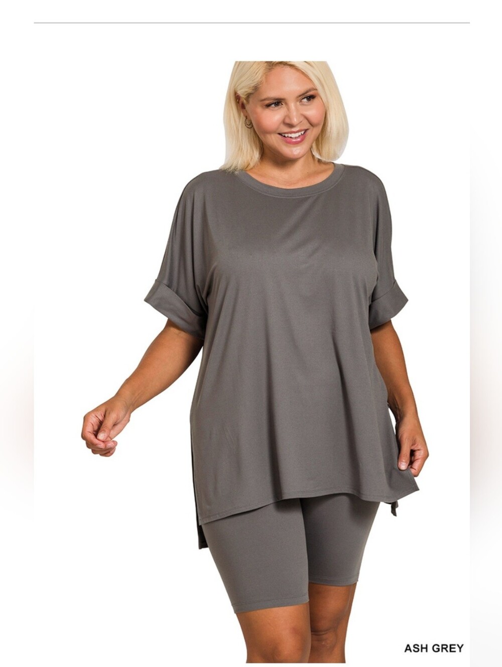Women's Ash Grey Short Sleeve Tunic Top And Shorts- Relaxed Fit